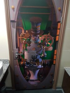 picture of Sir Algenon on the back of the bathroom door