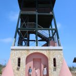 kids stood in front of the look out tower at the Delta de L'Ebre nature reserve