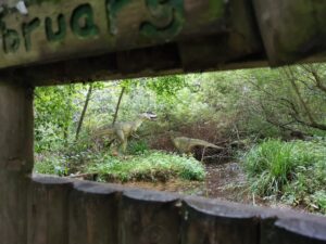 2 dinosaurs in woodland seen through peep hole in watch hut