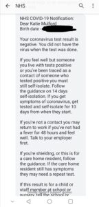 Screenshot of Covid-19 test results text message