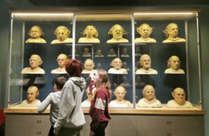 Goblin head masks in glass cabinet