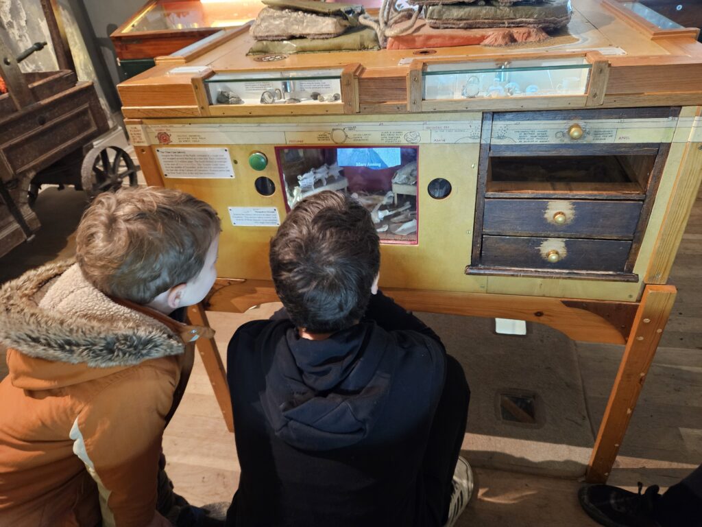 Two children looking at display in museum