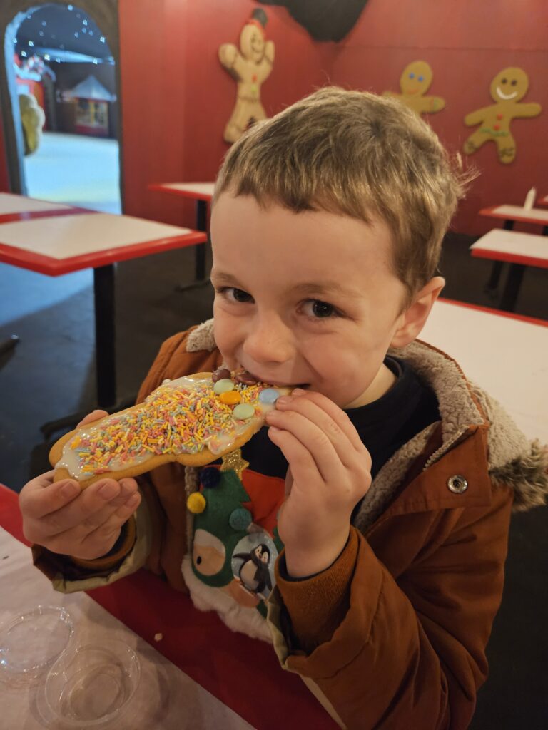 Boy eating gingerbread man covered in icing